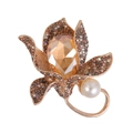 Elegant gold flower brooch featuring amber crystal petal detailing and a white pearl drop - Vintage Orchid Style (A058-A)