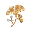 Golden ginkgo leaf brooch with dual pearl accents and detailed texture on white background - Gold Ginkgo Leaf Style (AL1078-A) / Gold