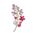 Elegante broche de hoja dorada con cristallen rosas y una gran perla blanca central - Estilo Rama de Flor (B252-A)