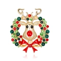 Weihnachts-Rentier-Brosche mit bunten Strasssteinen und roter Schleife auf Goldbasis - Gold Rot Grüner Kranz (C442-A)