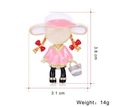 Detailed size view of a cartoon girl brooch with opal face showing 3.8cm height and 3.1cm width - Girl with Pink Hat and Handbag Style (C555-A)