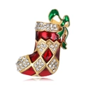 Broche botte de Noël en émail rouge avec treillis doré et cristaux scintillants - Style Chaussette de Noël (C398-A)