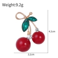 3D cherry brooch with red crystals and gold-plated alloy, measuring 4.2cm by 3.2cm - Double Cherry with Marquise Gem Leaves Style (C046-A)
