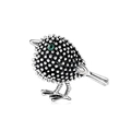 Dettaglio macro della spilla uccello in argento con occhio di gemma verde brillante - Stile Uccello Vintage Argentato (D075-B)