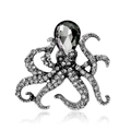 Silver octopus brooch with deep grey teardrop gemstone and sparkling rhinestones - Smoky Gray Antique Silver (C101-A)