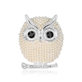 Elegante broche de búho con perlas blancas y ojos de piedras negras en metal plateado - Estilo Plateado (B028-A)