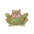Elegant green enamel frog brooch with gold finish and sparkling rhinestone bow detail - Green Frog Style (C579-A)
