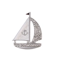 Elegant silver sailboat brooch with white enamel sail and sparkling rhinestones - Sailboat Style (C574-A)