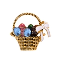 Vintage gold-plated flower basket brooch with colorful eggs and white enamel bow accessory - Multicolor Flower Basket Style (C065-A)