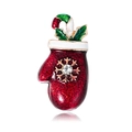 Christmas mitten brooch with red enamel, holly leaves, and candy cane in festive design - Christmas Glove Style (C405-A)