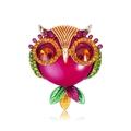 Modische Eulen-Brosche mit rotem Edelstein und bunten Kristall-Rheinsteinen - Rosarote Eule (B117-B)
