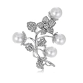 Eleganter silberner Blumenstrauß-Brosche mit weißen Perlen und funkelnden Strasssteinen - Silberner Pflaumenblütenstil (B290-B)