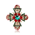 Spilla a croce d'oro vintage con gemma verde centrale e accenti di cristallo rosso su bianco - Stile Strass Bicolore Rosso Verde (B087-B)