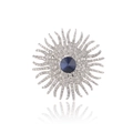 Détail macro de broche tournesol avec une grande pierre bleue et cristaux brillants - Base Argentée Pierre Bleu Foncé (B293-A)