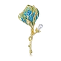 Dettaglio di una spilla a tulipano dorata con smalto blu-verde e una perla a goccia - Blu Verde (AL942-B)