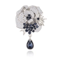Elegant silver rose brooch with blue crystals and a teardrop pendant on white background - Silver Blue Floral Style (A024-A)