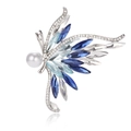 Macro detail of angel wing brooch with blue crystals and a large white pearl accent - Silver Blue Style (A059-B)