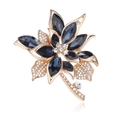 Vintage gold flower brooch with deep blue petals and white crystal accents on white base - Dark Blue Style (A057-A)