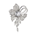 Silver flower brooch with pearls, tassels and crystals on white background - Silver