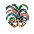 Colorful carnival mask brooch with crystal rhinestones and feathers on white background - Multicolor (B191-A)