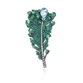 Elegant emerald green feather brooch with crystal rhinestones on a white background - Dark Green