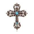 Broche croix vintage en bronze avec pierres turquoise et strass incrustés - Style Croix Or Antique (B227-A)