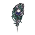 Vintage peacock feather brooch with multi-colored crystals and a white pearl accent - Peacock Feather Style (AL1143-A)