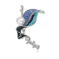 Spilla foglia argento con strass blu sfumati e una grande perla bianca tonda - Forma di Foglia (B213-A)