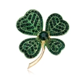 Elegant gold-plated four-leaf clover brooch featuring deep green rhinestones on white - Gold with Green