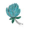 Eleganter Blumenanstecker mit himmelblauen Strasssteinen und grünen Blattakzenten in Silber - Wasserblauer Tulpenstil (A025-A)