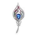 Broche plume de paon vintage avec pierre bleue et émail coloré sur métal argenté - Argent avec gemme bleue (AL1324-B)