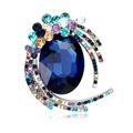 Elegant silver-tone floral brooch with large blue crystal and multi-color rhinestones - Blue (XZ003-D)