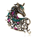 Vintage horse head brooch in antique gold finish with colorful rhinestones on white background - Vintage Horse Head Style (C436-A)