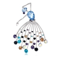 Elegant French ballerina brooch featuring crystal blue rhinestones and silver tassel fringe - B105-B Blue Purple Multicolor