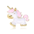 Golden unicorn brooch with white and pink enamel finish on a reflective background - Cartoon Unicorn Style (XZ021-A)