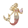 Elegant golden mermaid brooch with pink gradient crystals and a large teardrop stone - Pink Mermaid Style (C486-A)