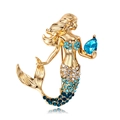 Golden mermaid brooch with blue crystal tail and large teardrop gemstone accent - Blue Mermaid Style (C486-B)