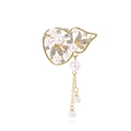 Vintage French pearl hollow brooch with gold fringe tassels and sparkling rhinestones - Exquisite Hollow Leaf Style (C787-A)
