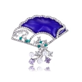 Spilla elegante a forma di ventaglio con smalto blu, cristalli e perle pendenti - Stile Ventaglio Blu Scuro (DR043-A)