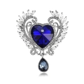 Elegante broche de corazón plateado con cristal azul profundo y colgante de gota de agua - Azul Oscuro (XZ033-B)