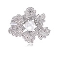 Elegante spilla a foglia d'argento con micro-cristalli e una grande perla bianca - Stile Perla Grigia (B323-B)