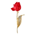 Elegant tulip brooch with red matte finish flower and gold leaves inlaid with rhinestones - Tulip / Red Tulip