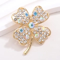 Detail of four-leaf clover brooch featuring gold plating and shimmering AB rhinestones - Gold with White and AB Rhinestones (XZ181)