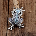 Süße Froschbrosche mit blauen und lila Strasssteinen auf Naturholzgrundlage - Frog Style (XZ20-058-4) / Silber-Blau