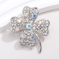 Elegant silver four-leaf clover brooch with sparkling AB rainbow crystals on white base - Silver with White and AB Rhinestones (XZ180)