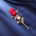 Elegant red rose brooch with gold finish, sparkling crystals, and a white pearl accent - Red Rose on Navy (XZ5-302)