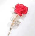 Elegant red rose brooch with gold finish, white pearls, and sparkling crystals - Matte Red Rose (XZ079)