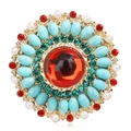 Spilla fiore bohémien vintage con pietra preziosa rossa e accenti turchesi - Stile Fiore Blu (XZ5-306)