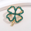 Green crystal four-leaf clover brooch with gold-tone alloy frame for women - Gold Pave with Green Rhinestones (XZ174)