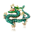 Exquisito broche de dragón chino dorado con esmalte verde y ojo de diamante rojo - Verde